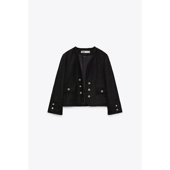 NWOT ZARA Black Textured Boucle Tweed Buttoned Open Front Blazer Jacket, Size M - Picture 15 of 16